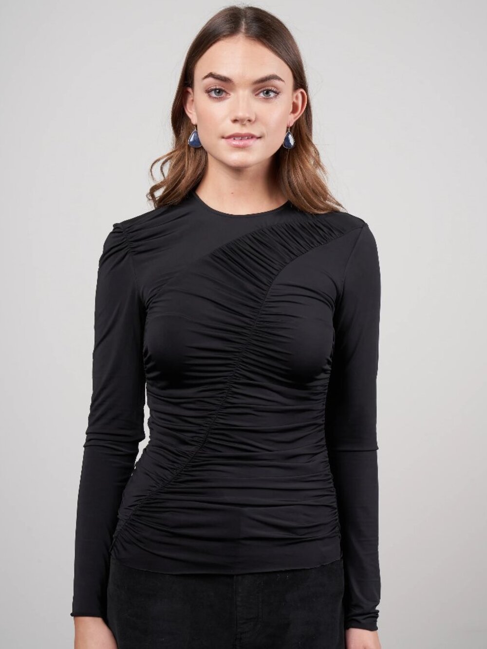 Tibi Ruched Jersey Crewneck Top in Black